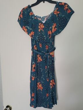 O'Neill Teal Mini Dress with Orange Floral Print and Belt